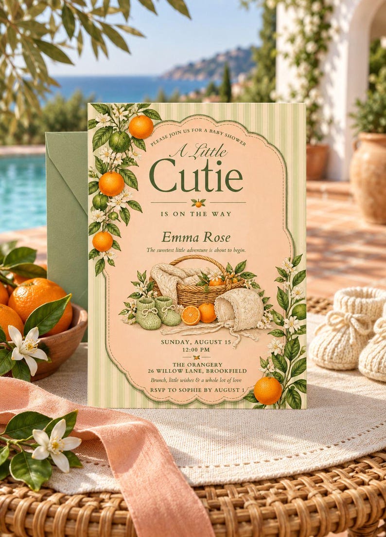 Citrus Baby Shower Invitation Template, Editable Canva Orange Blossom ...