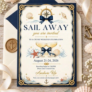 May include: A rectangular invitation card with a cream background and a navy blue border featuring a gold rope design. The text reads SAIL AWAY you are invited TO A CRUISE WEEKEND CELEBRATION August 21-24, 2026, Boarding begins at 2:00 PM, Dress code: Coastal Chic, Anchors Up, Pack your sunnies and champagne spirit. Illustrations include a ship wheel, two champagne glasses, seashells, starfish, and blue waves.