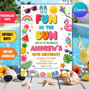 May include: A birthday invitation card featuring the text FUN IN THE SUN JOIN US TO CELEBRATE! ANDREW'S 10TH BIRTHDAY! SATURDAY 25TH OCTOBER ANDREW'S HOUSE 1787 BROADWAY STREET, SAN DIEGO, TX 2738 RSVP BY MOM AT (237) 853-4529 with summer icons.