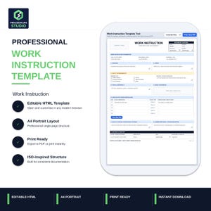 Pode incluir: Um modelo digital de instruções de trabalho exibido em uma tela, com seções para propósito, escopo, requisitos de segurança, ferramentas e instruções passo a passo. O documento inclui o cabeçalho Work Instruction Template Tool.