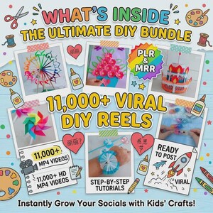 May include: A digital bundle advertisement titled WHAT'S INSIDE THE ULTIMATE DIY BUNDLE and 11,000+ VIRAL DIY REELS. It features multiple square photo frames showing various colorful paper crafts, including a pinwheel, flowers, and a cake.