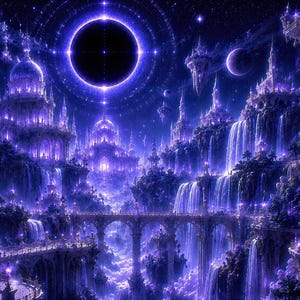Könnte beinhalten: Eine digitale Illustration einer weitläufigen violetten Fantasiestadt mit verzierten Türmen, Kuppelbauten und Wasserfällen. Eine große, leuchtende schwarze Sonne befindet sich in der Mitte eines sternenklaren Nachthimmels über steinernen Brücken.