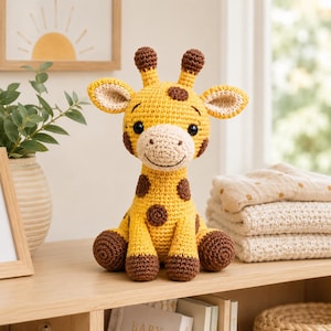 Könnte beinhalten: Ein gehäkeltes Giraffen-Stofftier mit gelbem Körper und dunkelbraunen Flecken, einer cremefarbenen Schnauze, zwei kleinen Hörnern und großen schwarzen Sicherheitsaugen. Die Giraffe sitzt aufrecht mit nach vorne gestreckten Vorderbeinen.