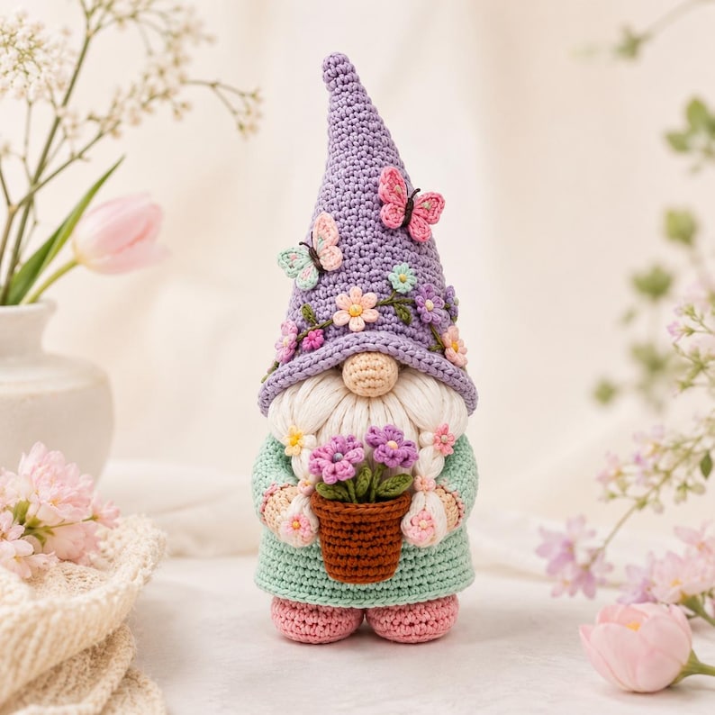 Wzór na szydełkową lalkę krasnala w formacie PDF, sezonowy zestaw krasnala amigurumi, wiosna lato jesień zima do pobrania w wersji cyfrowej zdjęcie 5