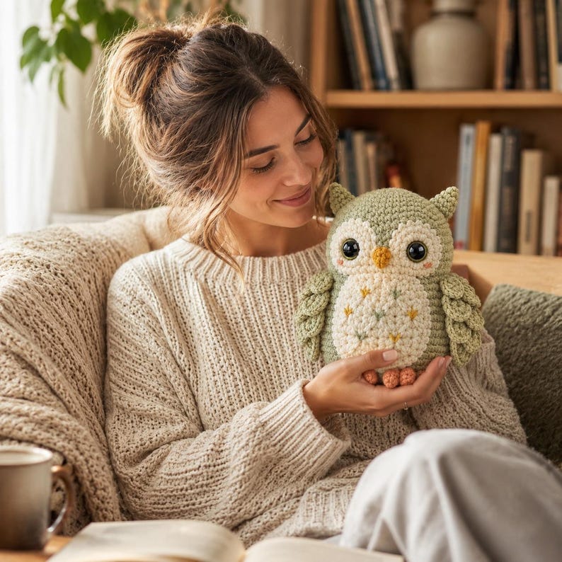 May include: A sage green and cream crocheted owl plush toy with large dark eyes, a small yellow beak, and embroidered star accents on its belly. The owl features textured wings and small orange feet, crafted with detailed yarn stitching throughout.