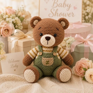 Crochet Teddy Bear Pattern PDF, Amigurumi Bear Tutorial, Green Overalls Plush Toy Pattern, Woodland Nursery Gift (Digital Download)