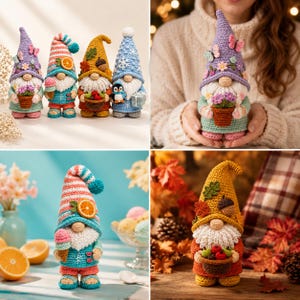 Wzór na szydełkową lalkę krasnala w formacie PDF, sezonowy zestaw krasnala amigurumi, wiosna lato jesień zima do pobrania w wersji cyfrowej zdjęcie 4