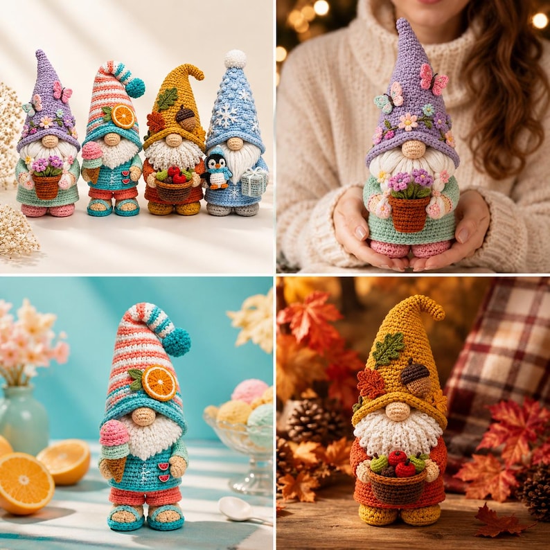Wzór na szydełkową lalkę krasnala w formacie PDF, sezonowy zestaw krasnala amigurumi, wiosna lato jesień zima do pobrania w wersji cyfrowej zdjęcie 4