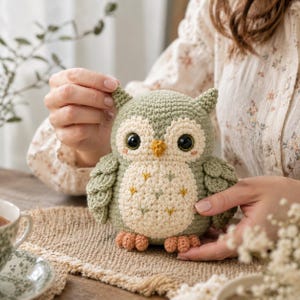 May include: A sage green and cream crocheted owl plush toy with large black safety eyes, a small yellow beak, and textured wing details. The owl features a cream-colored belly with small embroidered accents and light brown crocheted feet.