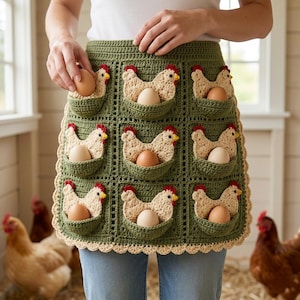 May include: A green crochet apron featuring nine square pockets, each designed with a cream-colored chicken motif with a red comb. Each pocket holds a single brown egg. The apron has a scalloped cream-colored border along the bottom edge.