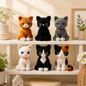 Crochet Cat Pattern PDF, Amigurumi Cat Bundle 6 Patterns, Sitting Cat Plush Pattern, Beginner Friendly Step by Step Photos, Instant Download