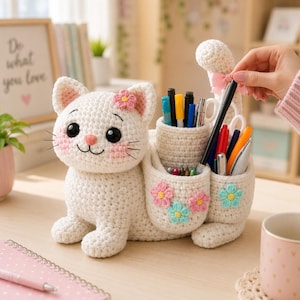May include: A white crocheted cat desk organizer featuring a pink nose, rosy cheeks, and a small pink flower on its ear. The cat has two attached cylindrical compartments for holding pens and pencils, decorated with small pink and blue crocheted flowers.