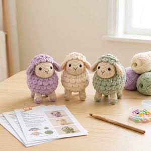 Virkat lammmönster, fluffiga amigurumi-får PDF-handledning, virkguide för söt plyschleksak för barnkammaren