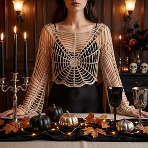 Häkelanleitung für ein Bolero-Muster mit Spinnennetzmotiv (PDF), Gothic-Halloween-Schulterjäckchen-Tutorial, Spitzentop mit Glockenärmeln, Hexen-Häkel-Überwurf für Damen