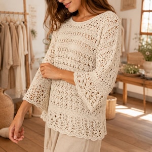 Crochet Lace Blouse Pattern PDF | Summer Crochet Top Tutorial | Ivory Scalloped Sleeve Pullover | Boho Beach Cover Up