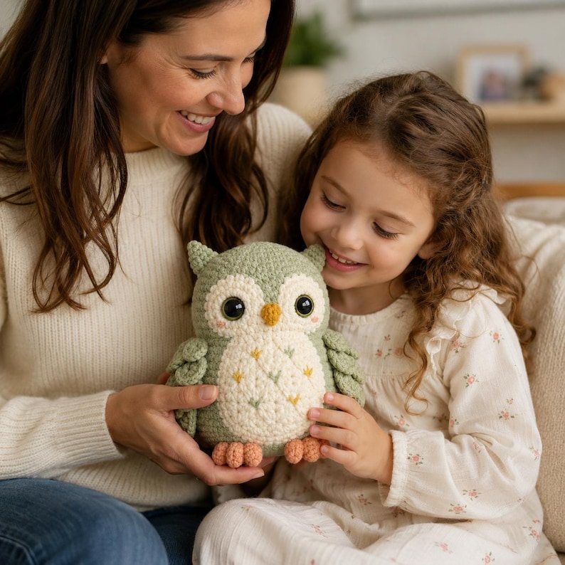 May include: A sage green and cream crocheted owl plush toy with large dark eyes, a small yellow beak, and orange feet. The owl features a textured stitch pattern on its body with small embroidered floral accents in green and yellow thread.