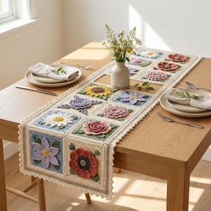 Handmade Crochet Garden Runner, Floral Home Decor Mat, Cottagecore Table Runner Gift for Flower Lovers