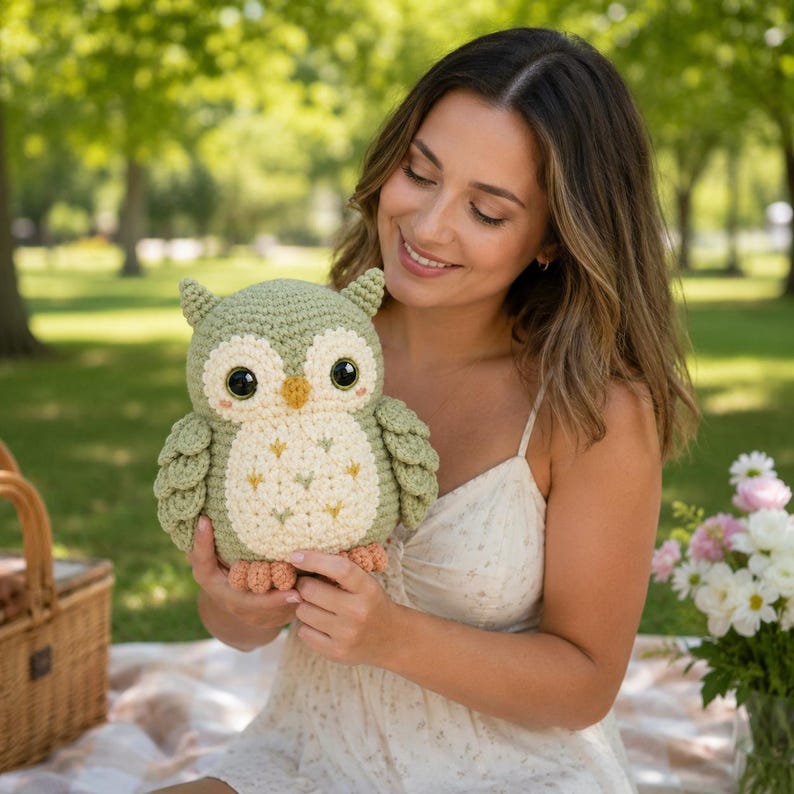 May include: A crocheted owl plush toy featuring a sage green body, a cream-colored chest with small embroidered star details, large black plastic eyes, a small yellow beak, and light orange feet. The owl has textured wings and ear tufts.