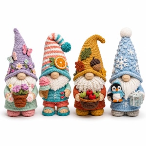 Wzór na szydełkową lalkę krasnala w formacie PDF, sezonowy zestaw krasnala amigurumi, wiosna lato jesień zima do pobrania w wersji cyfrowej zdjęcie 8