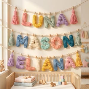 Crochet Name Garland, Custom Baby Name Banner, Pastel Nursery Wall Decor with Puffy Yarn Letters