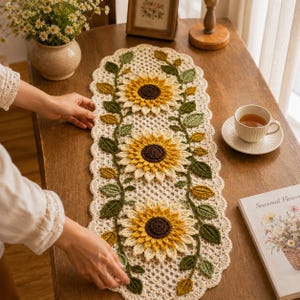 Könnte beinhalten: Ein ovaler, cremefarbener Häkel-Tischläufer mit drei großen, strukturierten Sonnenblumen mit dunkelbraunen Mitten und gelben Blütenblättern, umgeben von grünen und goldbraunen gehäkelten Blättern und Ranken mit einem gewellten Spitzenrand.