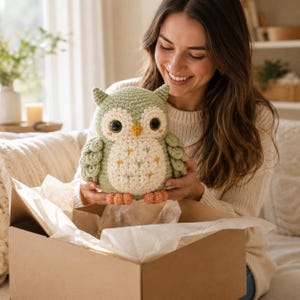 May include: A crocheted owl plush toy featuring a sage green body, a cream-colored chest with small yellow star-shaped accents, large dark brown eyes, a small orange beak, and textured peach-colored feet, held above an open cardboard gift box.