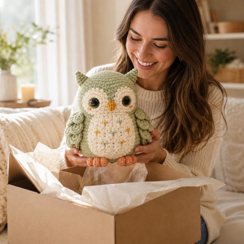 May include: A crocheted owl plush toy featuring a sage green body, a cream-colored chest with small yellow star-shaped accents, large dark brown eyes, a small orange beak, and textured peach-colored feet, held above an open cardboard gift box.