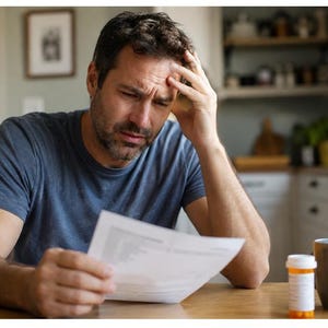 May include: A person with dark hair and a beard wearing a blue t-shirt, looking down at a white document with a concerned expression while holding their head. A small orange pill bottle and a gray mug are placed on the wooden surface nearby.