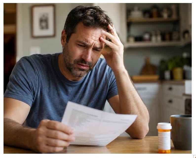 May include: A person with dark hair and a beard wearing a blue t-shirt, looking down at a white document with a concerned expression while holding their head. A small orange pill bottle and a gray mug are placed on the wooden surface nearby.
