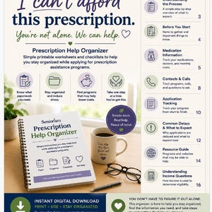 May include: A spiral-bound Prescription Help Organizer with a white cover, dark blue text, and icons. Beside it sits a white mug with text, black-rimmed glasses, and a pen. The document includes sections for tracking, organizing, and completing tasks.