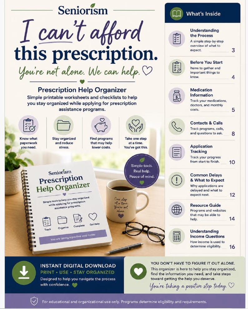 May include: A spiral-bound Prescription Help Organizer with a white cover, dark blue text, and icons. Beside it sits a white mug with text, black-rimmed glasses, and a pen. The document includes sections for tracking, organizing, and completing tasks.