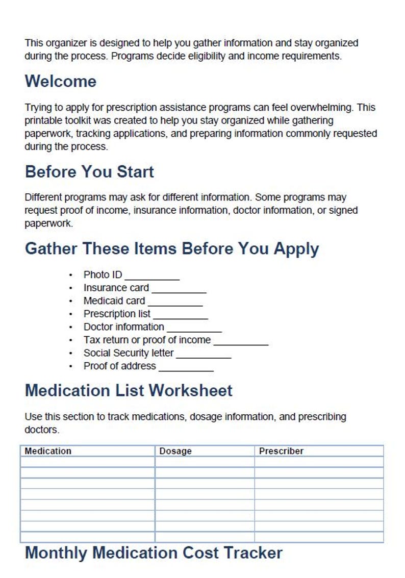 May include: A printable document titled Welcome, Before You Start, and Medication List Worksheet. It includes a checklist for gathering items like a photo ID, insurance card, and tax return, plus a table for tracking medication, dosage, and prescriber.