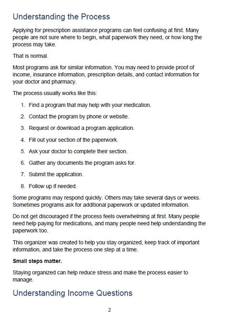 May include: A document page titled Understanding the Process, providing an eight-step guide for prescription assistance programs. It lists steps from finding a program to following up, with additional text about staying organized and Understanding Income Questions.