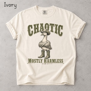 Peut inclure: Un t-shirt ivoire avec une illustration d'une oie portant un chapeau de cowboy et des bottes, les ailes croisées. Le texte au-dessus de l'oie indique "CHAOTIC" et le texte en dessous indique "MOSTLY HARMLESS" dans une police vert foncé usée.