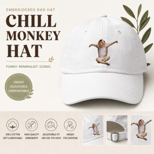 Cappello da papà con scimmia divertente ricamato, cappello minimalista con scimmia, berretto da baseball unisex, cappello con animale divertente, regalo unico per lui o per lei