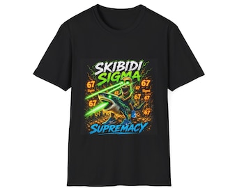 May include: A black short-sleeve t-shirt featuring a graphic print of a character riding a shark. The design includes the text "SKIBIDI SIGMA" and "SUPREMACY" with the number "67" repeated, alongside green laser beams emitting from the character's eyes.