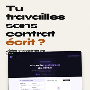 Puede incluir: Una interfaz digital para un generador de contratos freelance con el texto 'Tu travailles sans contrat écrit ?' y 'Génère ton document pro en 2 minutes'. La pantalla muestra un formulario web oscuro con campos para detalles de perfil profesional y un botón de exportación a PDF.