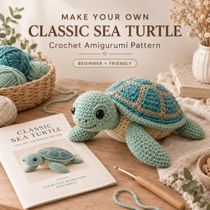 May include: A crochet amigurumi sea turtle with a light green head and flippers, and a teal and beige shell. Beside it lies a pattern booklet titled "MAKE YOUR OWN CLASSIC SEA TURTLE" with step-by-step instructions and a wooden crochet hook.