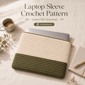 Crochet Laptop Sleeve Pattern PDF | Two-Tone Zipper Pouch Pattern | 13-14 Inch Laptop Case | Instant Download | Cotton Color Block Crochet