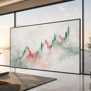 May include: A large rectangular wall art piece featuring a watercolor-style financial candlestick chart. The design displays vertical red and green bars representing market trends against a soft, textured off-white background with thin gold lines.