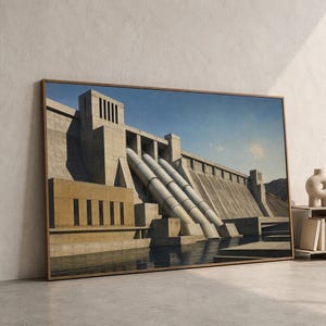 May include: A rectangular framed wall art print featuring a large concrete dam structure with three prominent cylindrical pipes running down its face, set against a clear blue sky and dark water, displayed in a minimalist interior setting.