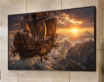 May include: A rectangular wall art print featuring a detailed illustration of a large wooden sailing ship with propellers flying above a dense layer of clouds at sunset, with a distant mountain landscape and a glowing golden sun in the background.