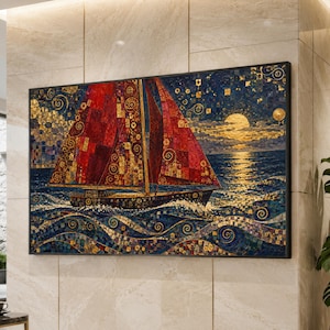 Wandbild mit Segelboot-Seelandschaft, Mosaikgemälde im Klimt-Stil, Ozeanposter mit Blattgold, Maritime Dekoration für Mitternachtsstunden, Nautisches Kunstwerk fürs Wohnzimmer