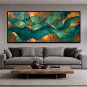 Lienzo abstracto en tonos turquesa y dorado – Arte con textura de olas marinas – Decoración moderna para sala de estar