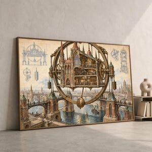 Könnte beinhalten: Ein gerahmter Kunstdruck, der eine komplexe mechanische Struktur zeigt, die in einem großen goldenen Ring über einer Flussstadt schwebt. Das Kunstwerk enthält komplizierte architektonische Details, Zahnräder und technische Blaupausen.