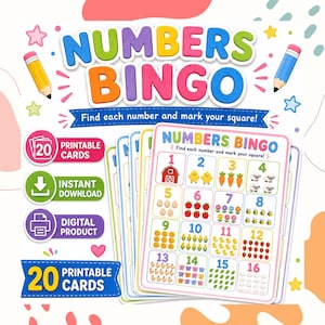 20 tarjetas de bingo numéricas imprimibles / Descarga instantánea / Fiesta familiar, aula, oficina