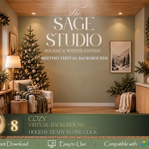 Könnte beinhalten: Ein digitaler virtueller Hintergrund mit einem salbeigrünen Raum, einem geschmückten Weihnachtsbaum, einem gemütlichen Sessel, Holzregalen und einem gerahmten Winterlandschaftsbild. Der Text lautet The Sage Studio Holiday & Winter Edition.