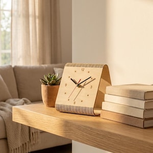 Peut inclure: Une horloge de bureau en bois clair au design incurvé et flexible. Le cadran présente des aiguilles noires pour les heures et les minutes, une trotteuse rouge, ainsi que les chiffres 3, 6, 9 et 12, avec des points pour les autres heures.