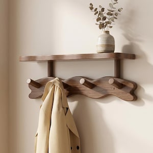 No Drill Wall Coat Rack with Shelf, Wooden Wave Hook Rack, Entryway Wall Mounted Coat Hanger with Storage