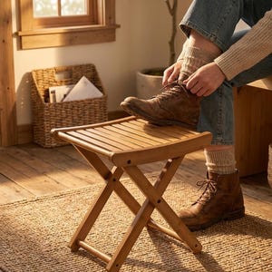 Folding Bamboo Stool, Multipurpose Wooden Step Stool & Plant Stand, Portable Compact Seat for Bathroom Bedroom Entryway Garden